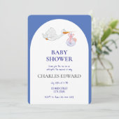 Ooievaar levert Little Boy Baby shower Blue Kaart (Staand voorkant)