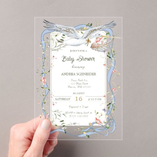 Ooievaar Lint en Bow Baby shower Acryl Uitnodigingen (Insitu (Draagbaar))