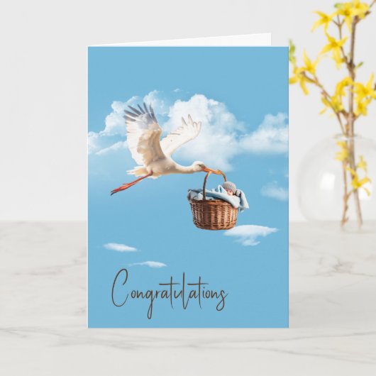 Ooievaar met Baby Boy Gefeliciteerd Kaart (Gele Bloem)