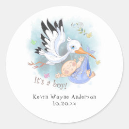 Ooievaar met Baby Boy in Blauwe Aankondiging Ronde Sticker