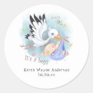 Ooievaar met Baby Boy in Blauwe Aankondiging Ronde Sticker