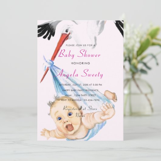 Ooievaar met Baby Funny Shower Invitation (Staand voorkant)