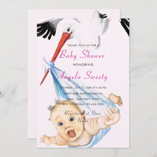 Ooievaar met Baby Funny Shower Invitation (Voorkant / Achterkant)