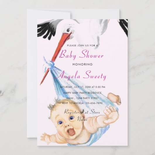Ooievaar met Baby Grappige Shower Uitnodiging (Voorkant)