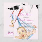 Ooievaar met Baby Grappige Shower Uitnodiging (Voorkant / Achterkant)