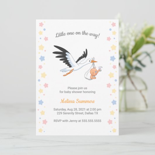 Ooievaar met Baby Selfie Baby shower Uitnodiging (Staand voorkant)