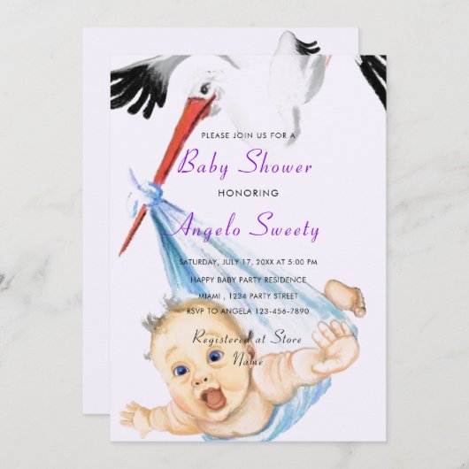Ooievaar met Baby shower Invitation Funny Design (Voorkant / Achterkant)