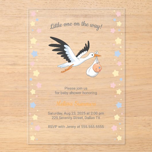 ooievaar met Baby shower Transparant Acryl Uitnodigingen (Voorkant)