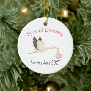 Ooievaar met babymeisje speciale bezorging keramisch ornament