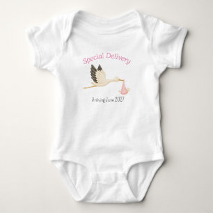 Ooievaar met babymeisje speciale levering romper
