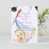 Ooievaar met babyshower uitnodiging grappig ontwer (Staand voorkant)