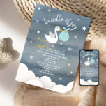 Ooievaar met Blauwe Bundel Sterren Baby shower Kaart<br><div class="desc">Een baby showers uitnodiging met een donkerblauwe waterverf geïnspireerde achtergrond met witte tekst omringd door sterretjes en illustraties van witte wolken en een ooievaar met blauwe bundel. Personaliseer met details van uw gelegenheid.</div>
