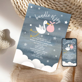 Ooievaar met Roze Bundel Sterren Baby shower Kaart