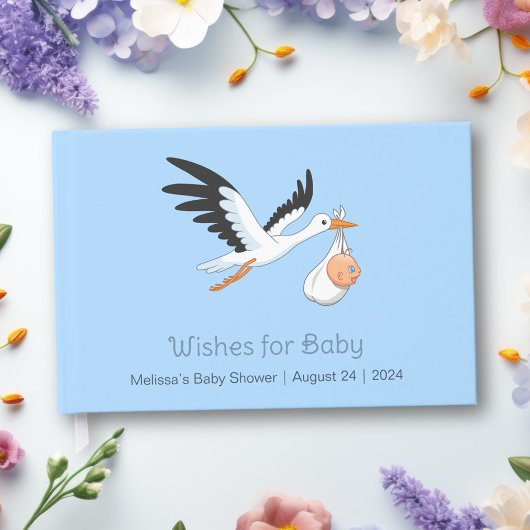 Ooievaar op blauw Baby shower Gastenboek