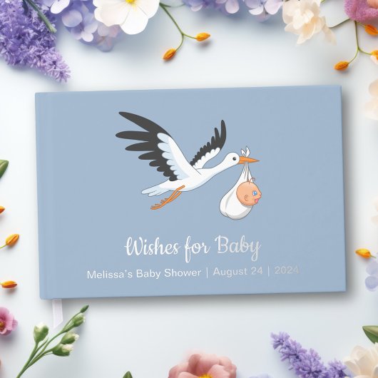 Ooievaar op Blue Baby shower Folie Gastenboek