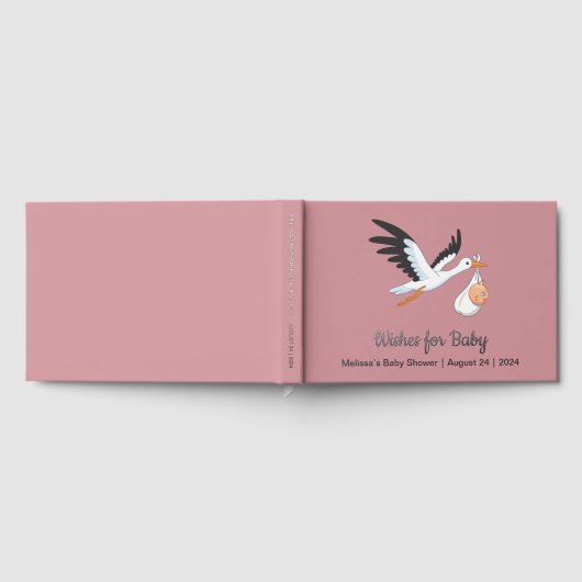 Ooievaar op roze Baby shower Folie Gastenboek (Volledig)