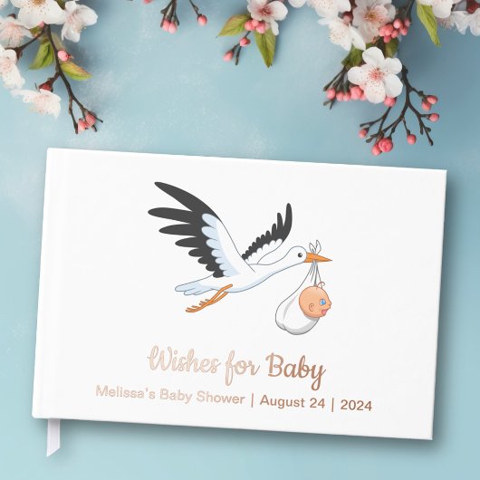 Ooievaar op witte Baby shower Folie Gastenboek