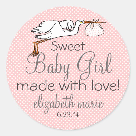 Ooievaar Peach Baby shower Favor Ronde Sticker (Voorkant)
