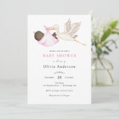 Ooievaar Roze Baby shower Invitation Kaart (Staand voorkant)