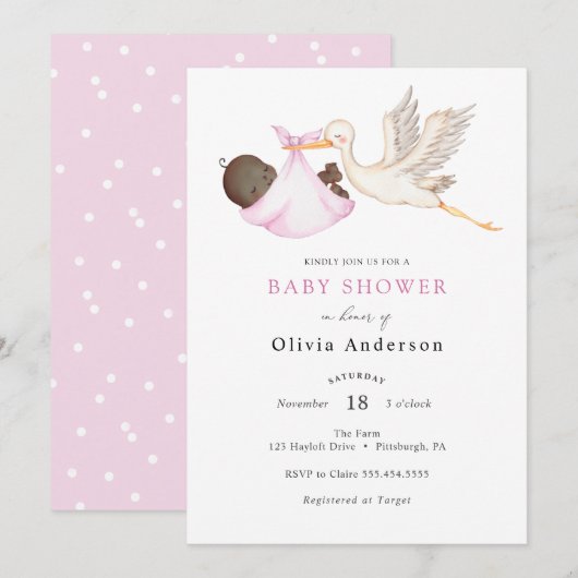 Ooievaar Roze Baby shower Invitation Kaart (Voorkant / Achterkant)