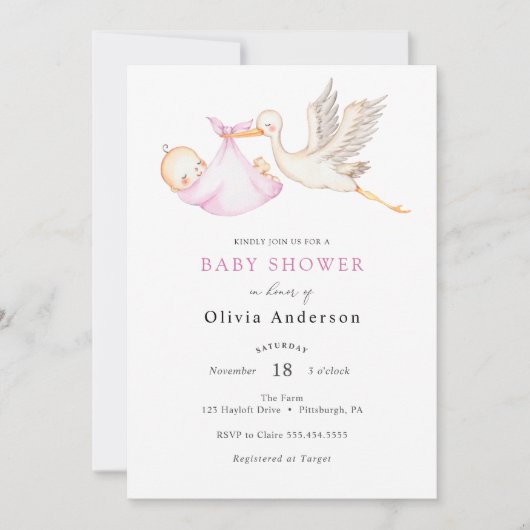 Ooievaar Roze Baby shower Invitation Kaart (Voorkant)