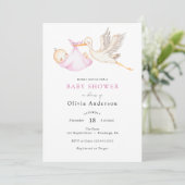 Ooievaar Roze Baby shower Invitation Kaart (Staand voorkant)