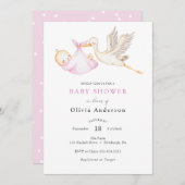 Ooievaar Roze Baby shower Invitation Kaart (Voorkant / Achterkant)