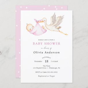 Ooievaar Roze Baby shower Invitation Kaart