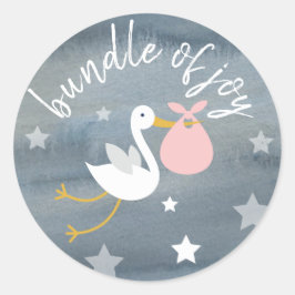 Ooievaar Roze Bundel Sterren Waterverf Baby shower Ronde Sticker