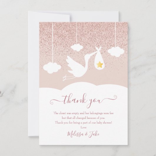 Ooievaar Roze Goud Ster Glitter Baby Shower Gedich Bedankkaart (Voorkant)
