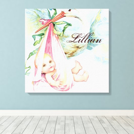 Ooievaar Roze Kwekerij Wand Hanging Canvas Afdruk (Insitu (Houten vloer))