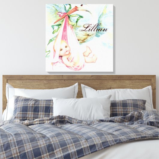 Ooievaar Roze Kwekerij Wand Hanging Canvas Afdruk (Insitu (Slaapkamer))