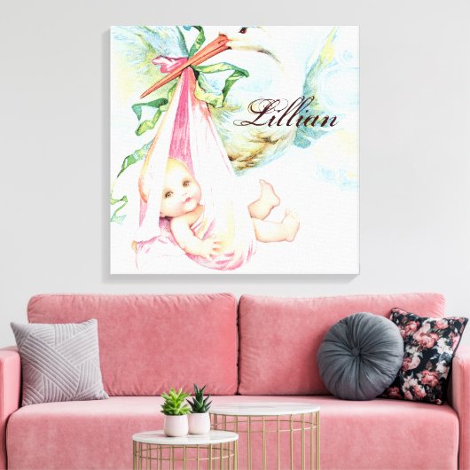 Ooievaar Roze Kwekerij Wand Hanging Canvas Afdruk (Insitu (Woonkamer))