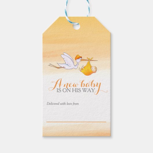 Ooievaar sinaasappel nieuwe baby douche display ge cadeaulabel (Voorkant)