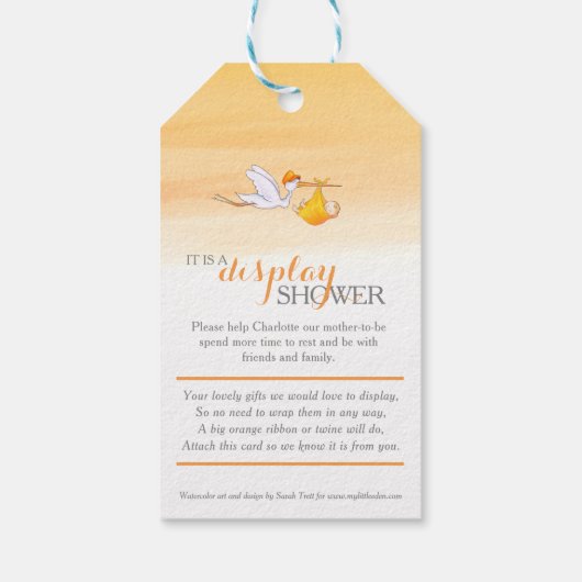 Ooievaar sinaasappel nieuwe baby douche display ge cadeaulabel (Achterkant)