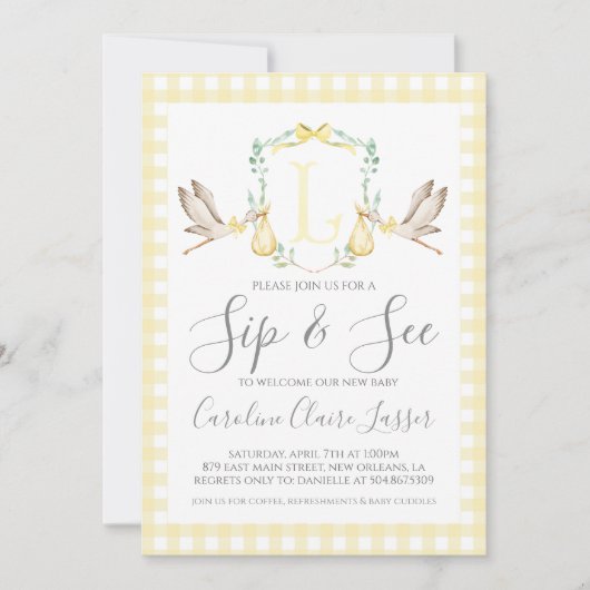 Ooievaar Sip and See Baby shower Invitation Kaart (Voorkant)