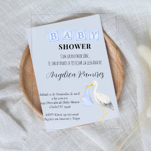 Ooievaar Spaans Baby Shower Stof Blauw Script Acryl Uitnodigingen
