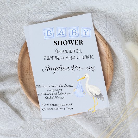 Ooievaar Spaans Baby Shower Stof Blauw Script Acryl Uitnodigingen