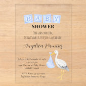 Ooievaar Spaans Baby Shower Stof Blauw Script Acryl Uitnodigingen (Voorkant)