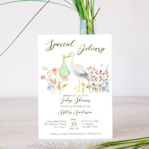 Ooievaar speciale bezorging lente bloemen baby sho kaart
