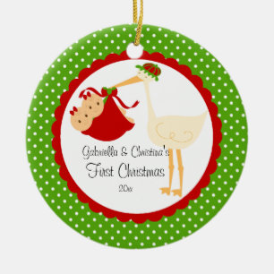 Ooievaar Tweeling Meisjes Baby's Eerste Kerst Orna Keramisch Ornament