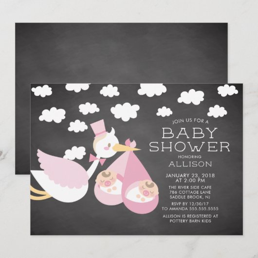 Ooievaar & Tweeling Meisjes Twins Baby shower Invi Kaart (Voorkant / Achterkant)