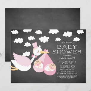 Ooievaar & Tweeling Meisjes Twins Baby shower Invi Kaart
