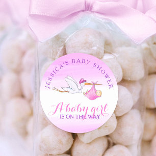 Ooievaar watercolor roze baby shower meisje op maa ronde sticker