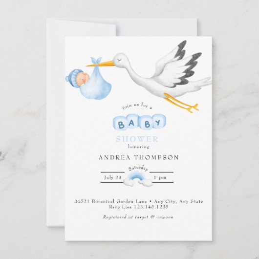 ooievaar | Waterverf Baby Jongensdouche Kaart (Voorkant)