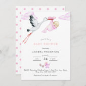 ooievaar | Waterverf Baby Meisje Douche Kaart (Voorkant / Achterkant)