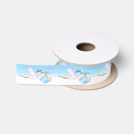 Ooievaar waterverf kunst nieuwe jongen blauw baby satijnen lint