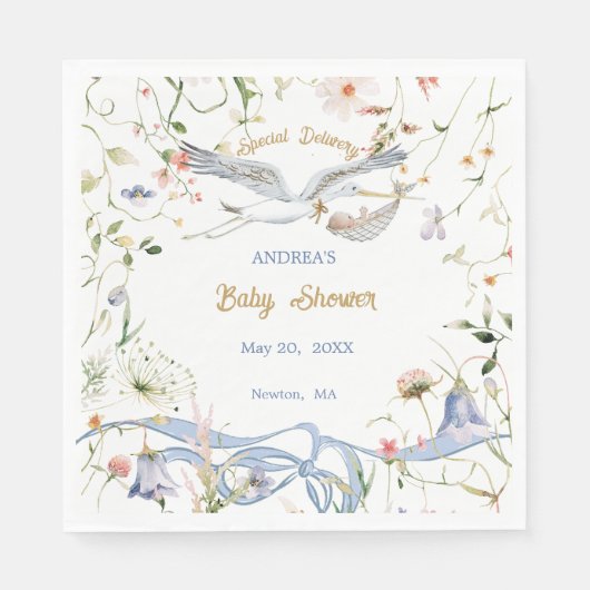 Ooievaar Wildbloem Lint Baby shower Papier Servet (Voorkant)