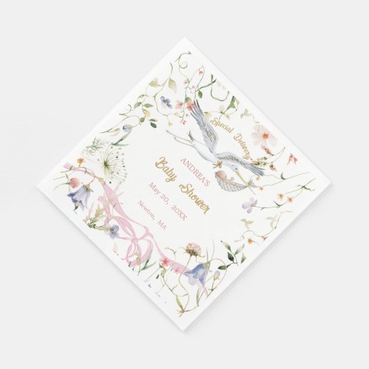 Ooievaar Wildbloem Lint Baby shower Papier Servet (Hoek)