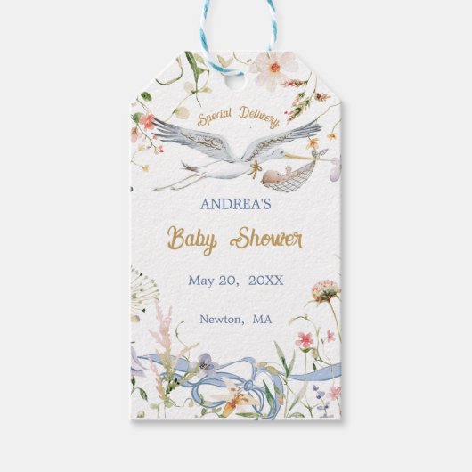 Ooievaar Wilde Bloem Lint Baby Borrel Cadeaulabel (Voorkant)